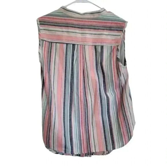 Max Studio Women's White/Pink/Navy/Aqua Striped Cotton Sleeveless Button Down To - Picture 11 of 11